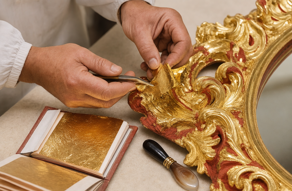 Manos aplicando pan de oro a un marco barroco
