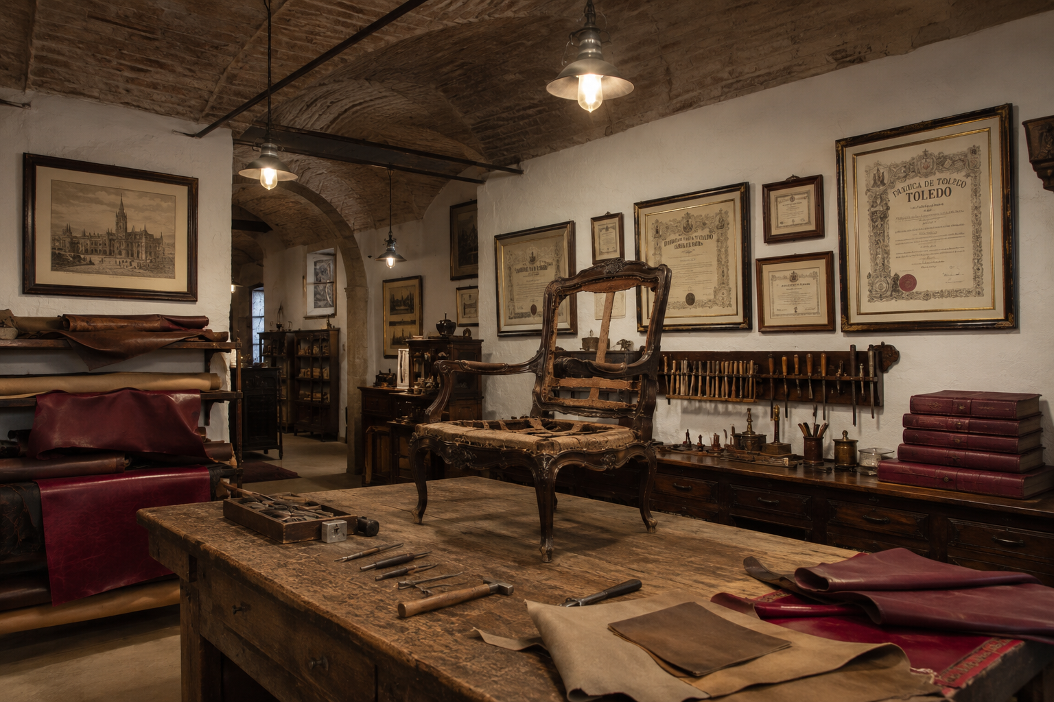 Vista del taller con piezas a medio restaurar y bancos de trabajo